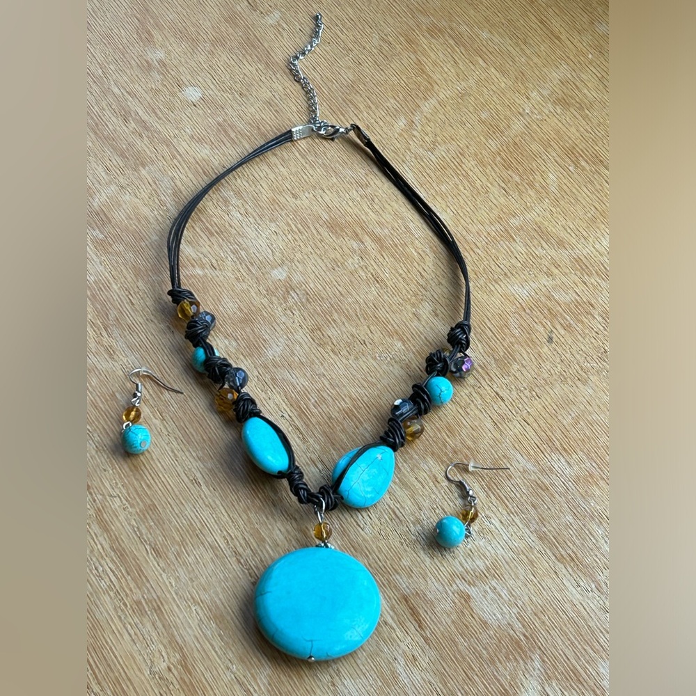Turquoise Necklace Handmade Also W/Crystal & Howlite Beads On Twisted Cording